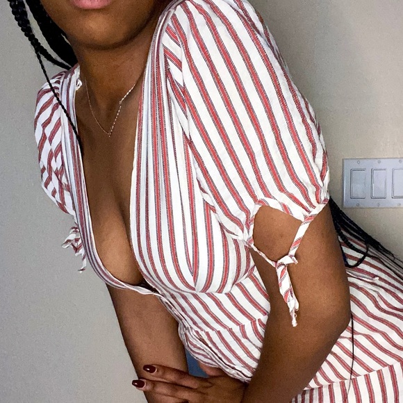 Coral pinstriped fitted V neck Midi Dress - Picture 3 of 3